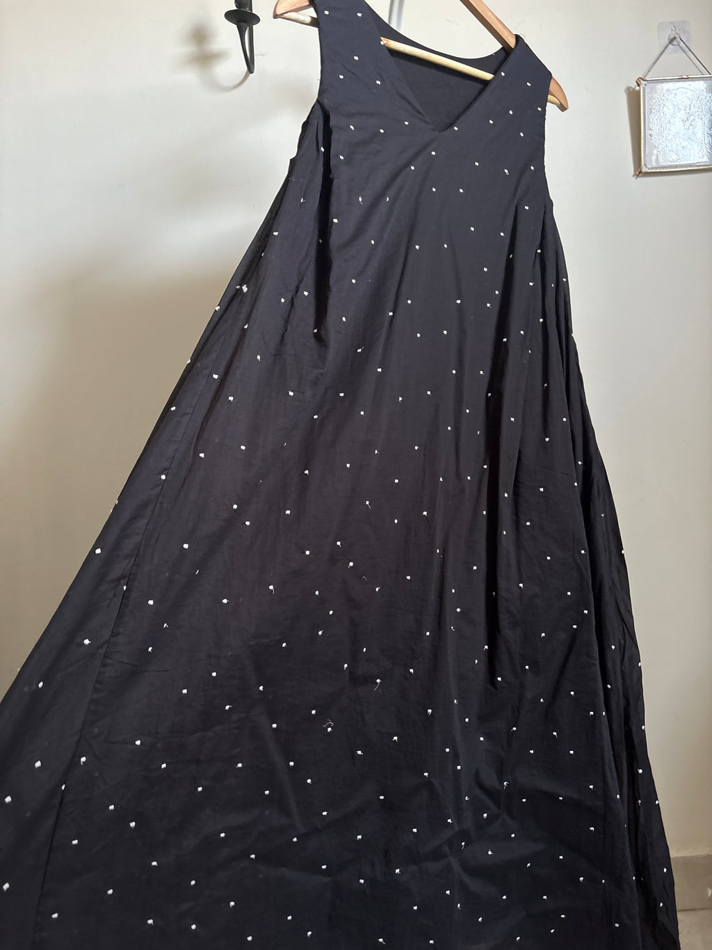 BLACK COTTON POLKA EMBROIDERED DRESS M