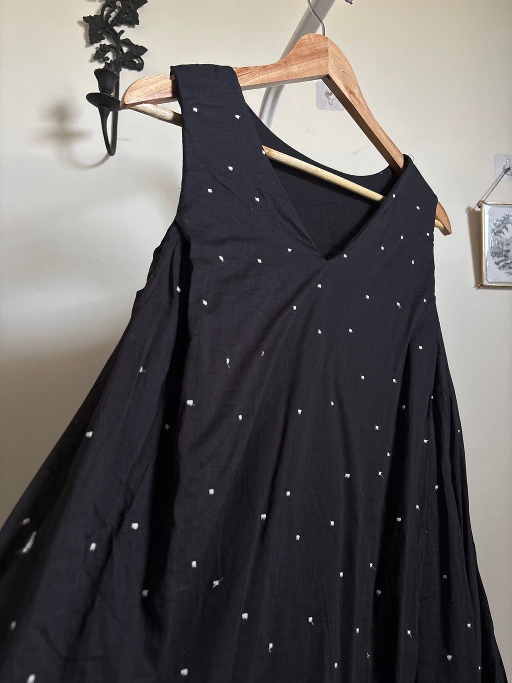 BLACK COTTON POLKA EMBROIDERED DRESS M