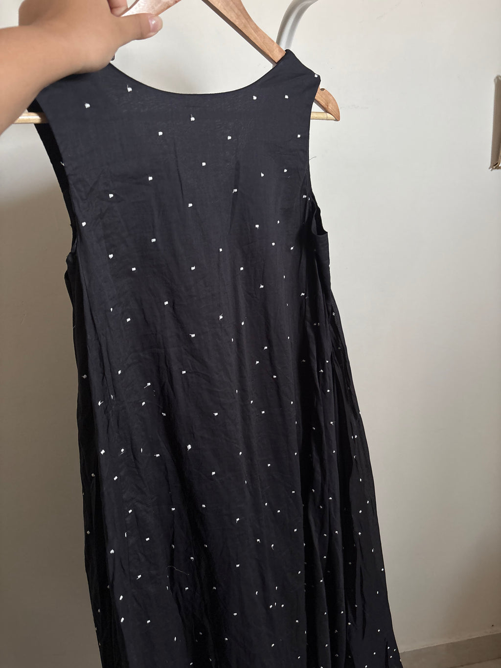BLACK COTTON POLKA EMBROIDERED DRESS M
