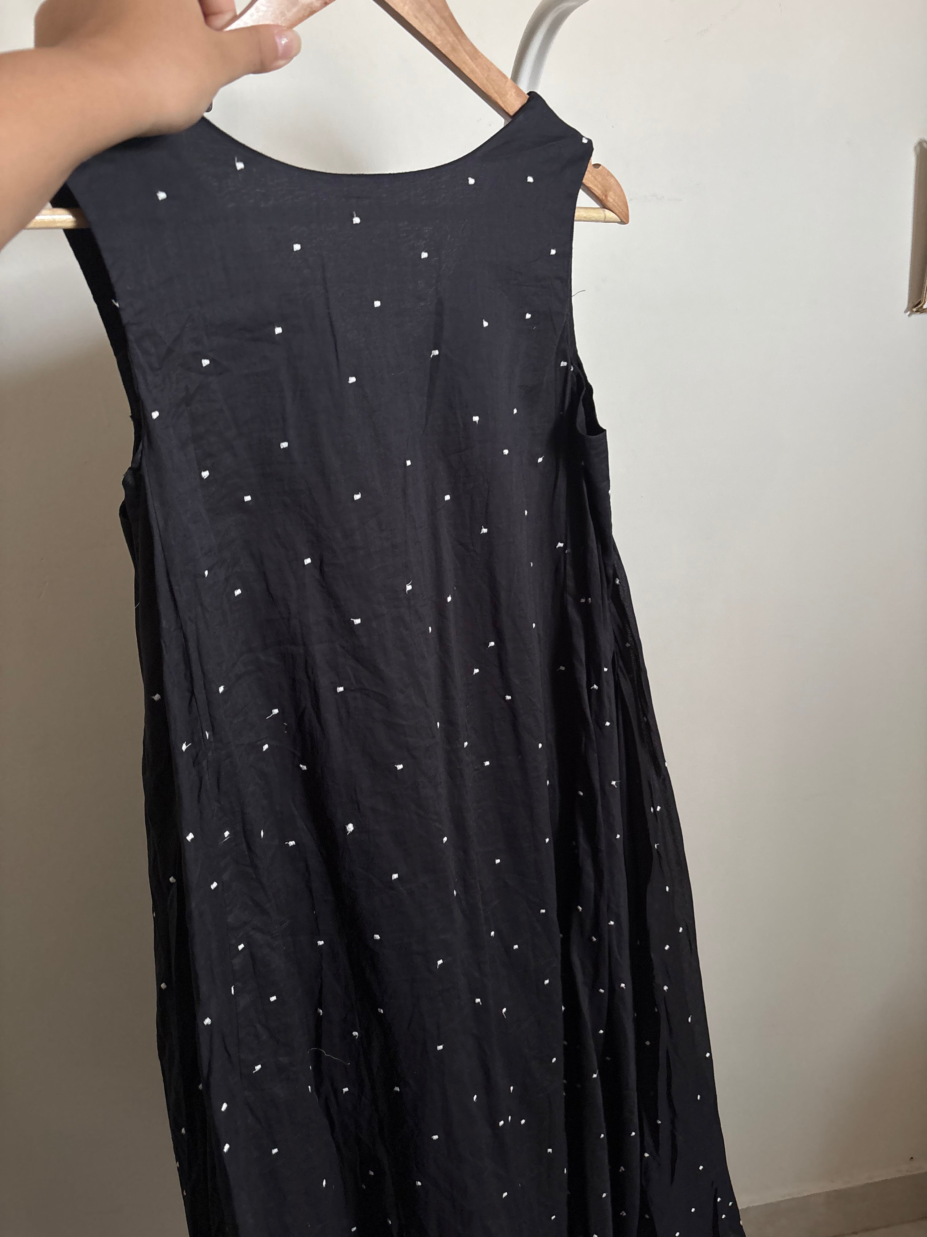 BLACK COTTON POLKA EMBROIDERED DRESS M