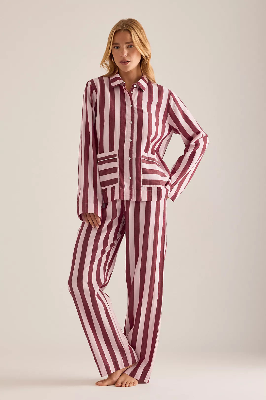 Damson Madder Florie Pj Set - Burg/Pink Wide Stripe