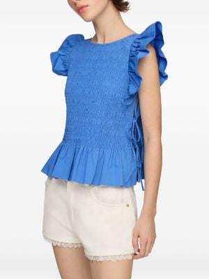 GANNI Stretch Cotton Angel Sleeve Smocked Top Goji Berry