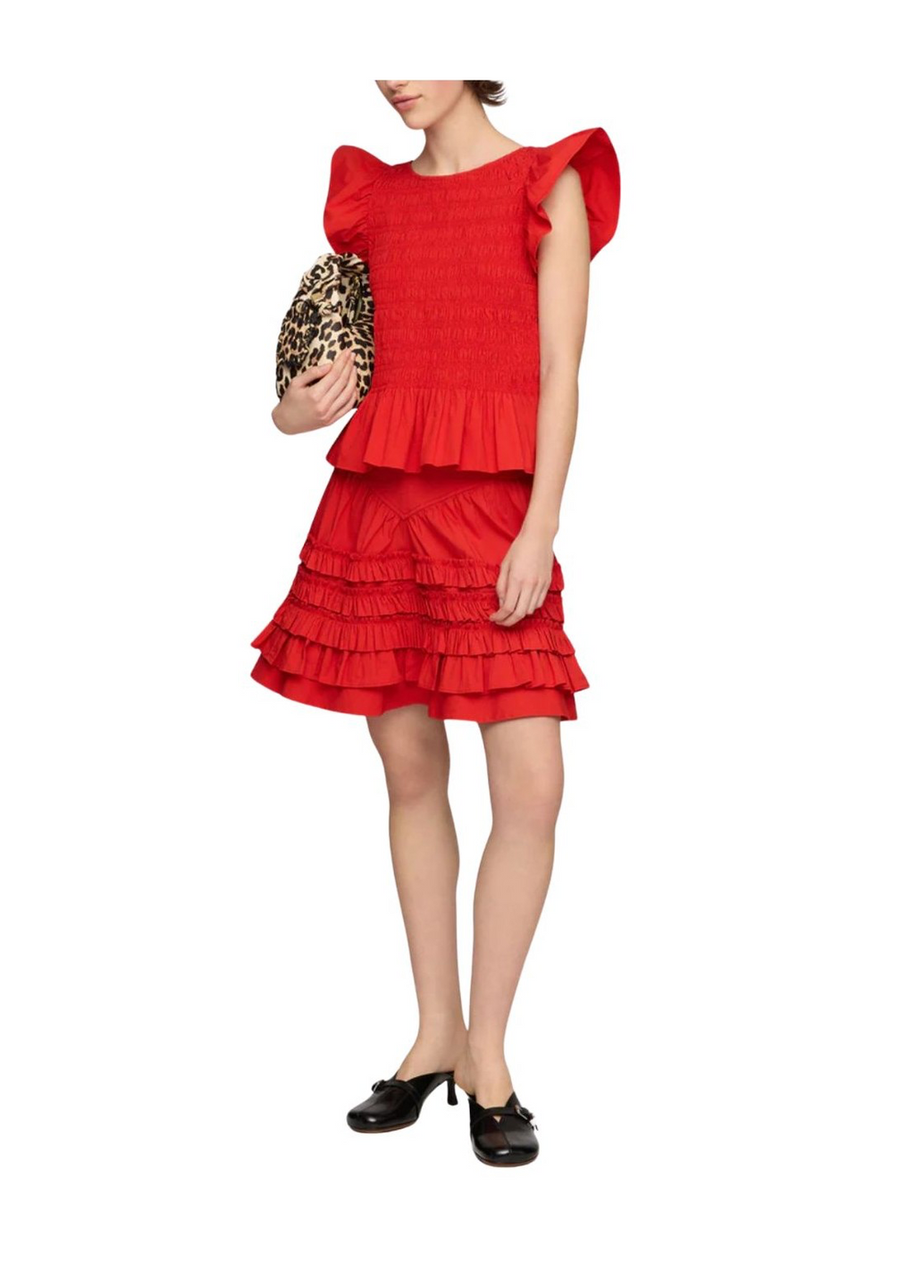 GANNI Stretch Cotton Angel Sleeve Smocked Top Goji Berry