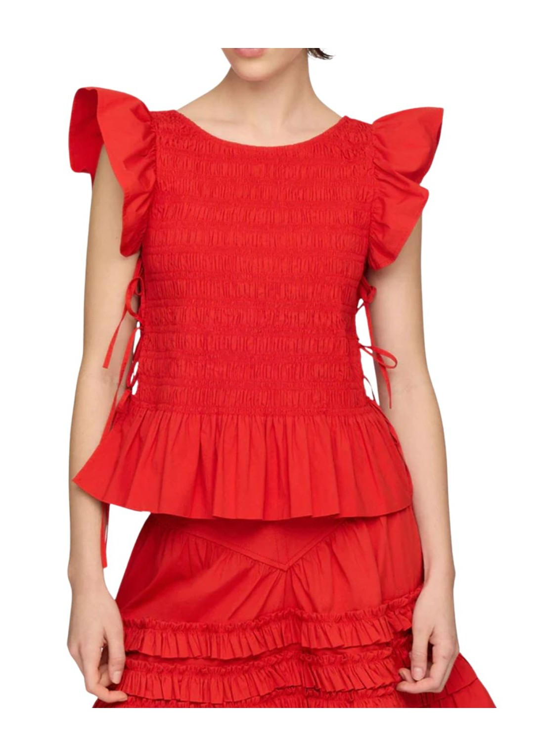 GANNI Stretch Cotton Angel Sleeve Smocked Top Goji Berry