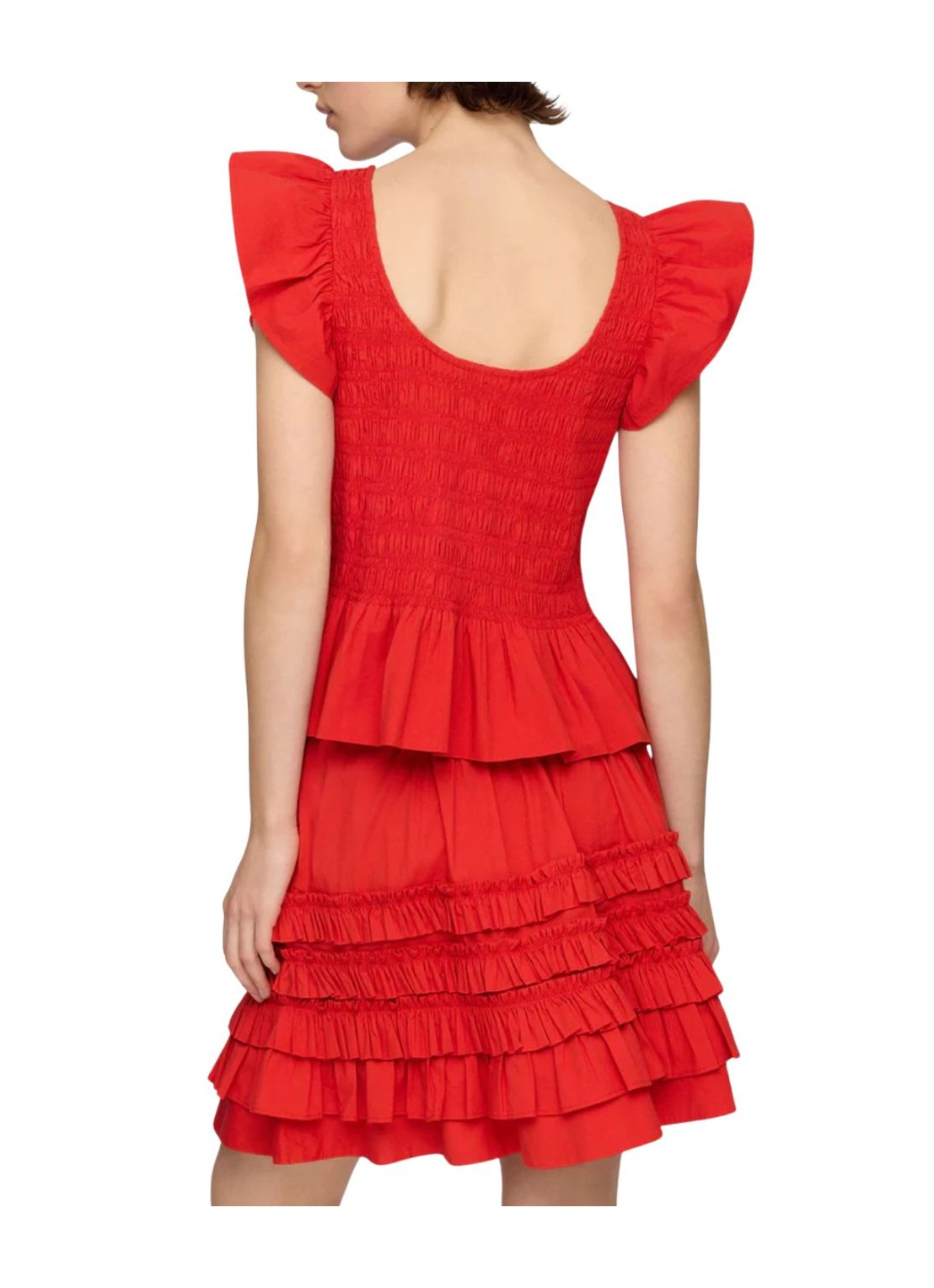 GANNI Stretch Cotton Angel Sleeve Smocked Top Goji Berry
