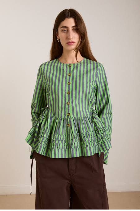 DAMSON MADDER Madison Blouse - Navy Pop Green Stripe UK 10