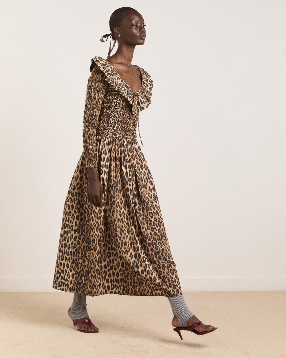 Damson Madder Harper Shirred Leopard-Print Cotton Midi Dress UK8