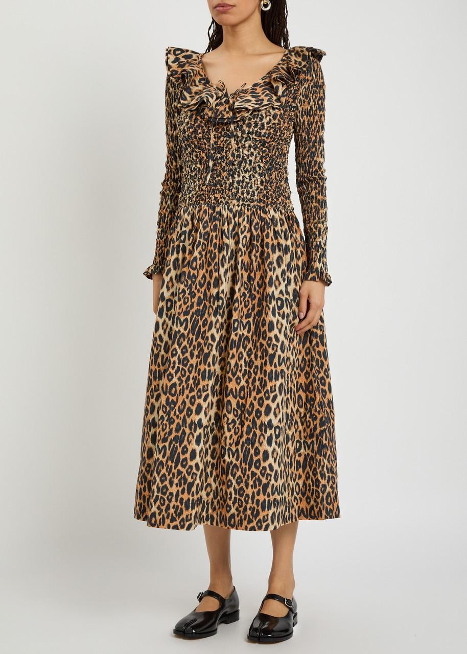 Damson Madder Harper Shirred Leopard-Print Cotton Midi Dress UK8