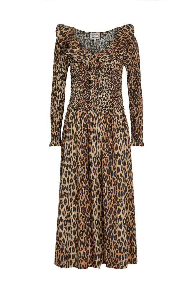 Damson Madder Harper Shirred Leopard-Print Cotton Midi Dress UK8