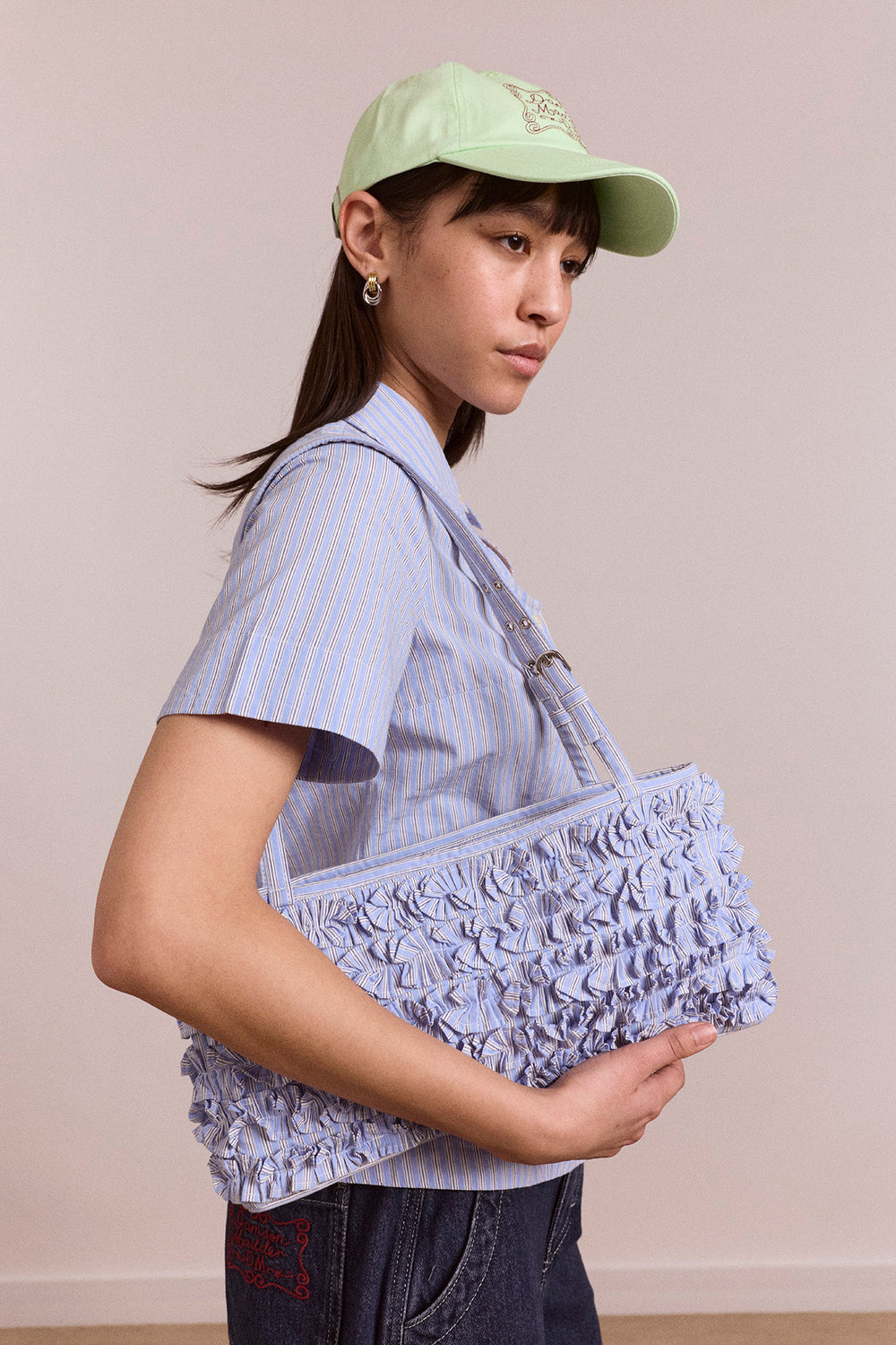 Damson Madder Sophia Ruffle Baguette Bag Blue Business Stripe