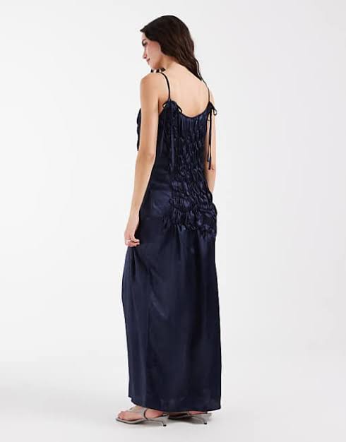Muse Assembly ruched drop waist crushed satin maxi dress in navy