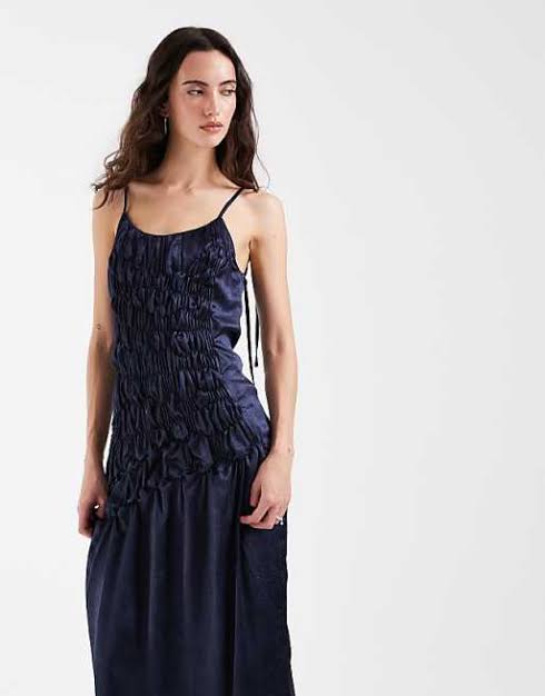 Muse Assembly ruched drop waist crushed satin maxi dress in navy