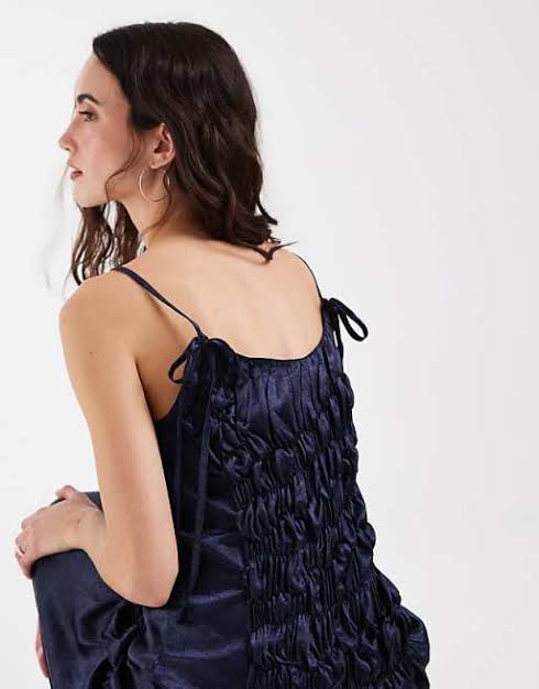 Muse Assembly ruched drop waist crushed satin maxi dress in navy