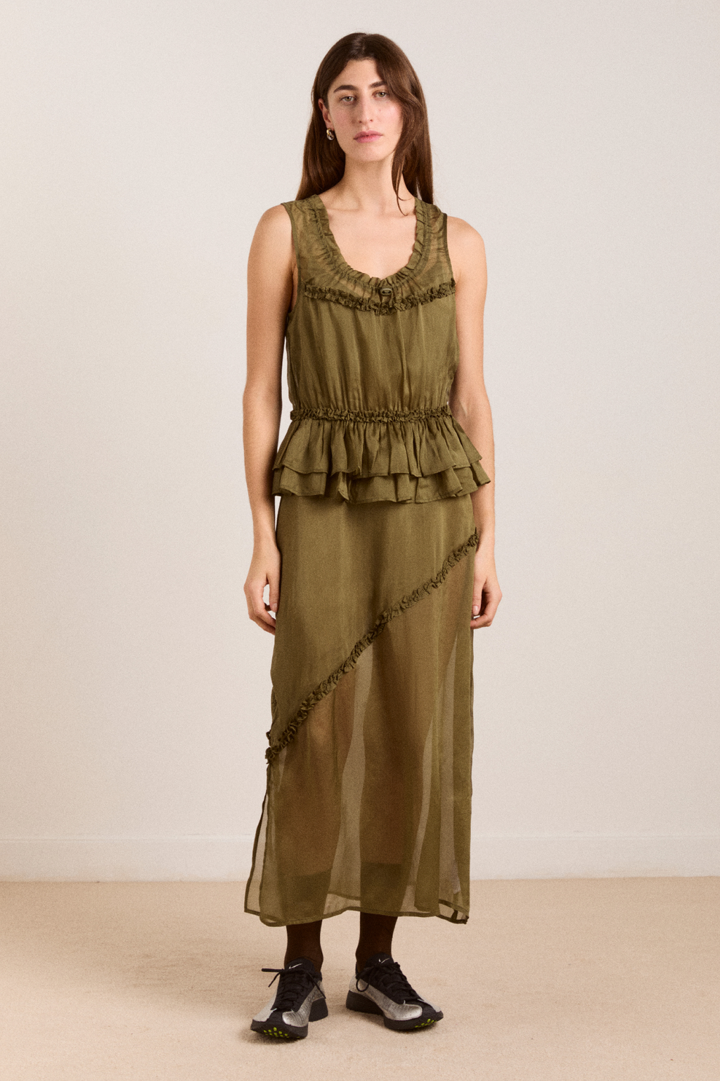 Damson Madder Sasha Ruffle Slip Dress With Cami - Sheer Olive