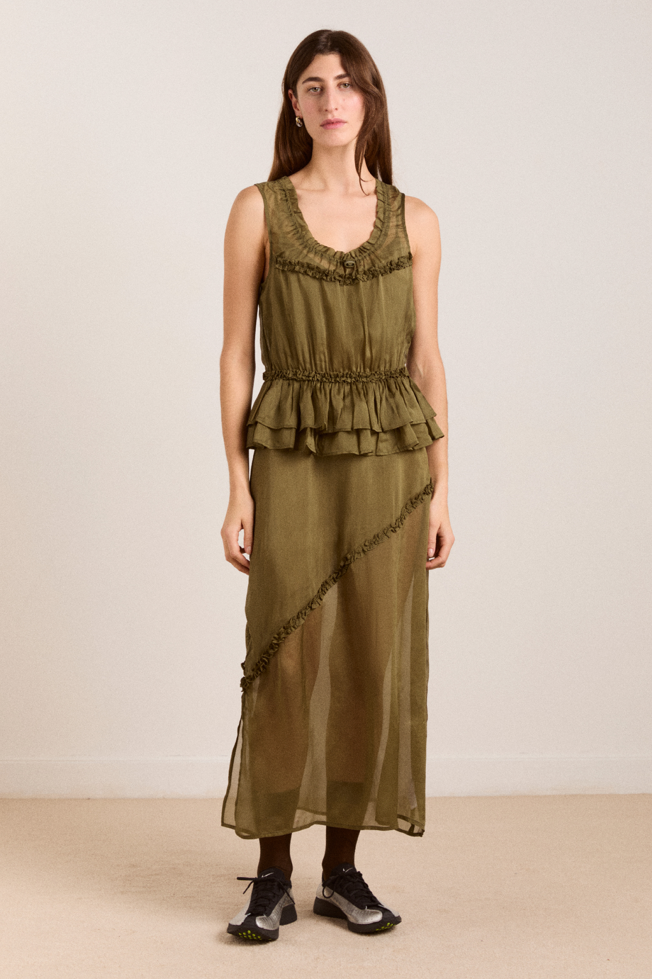 Damson Madder Sasha Ruffle Slip Dress With Cami - Sheer Olive