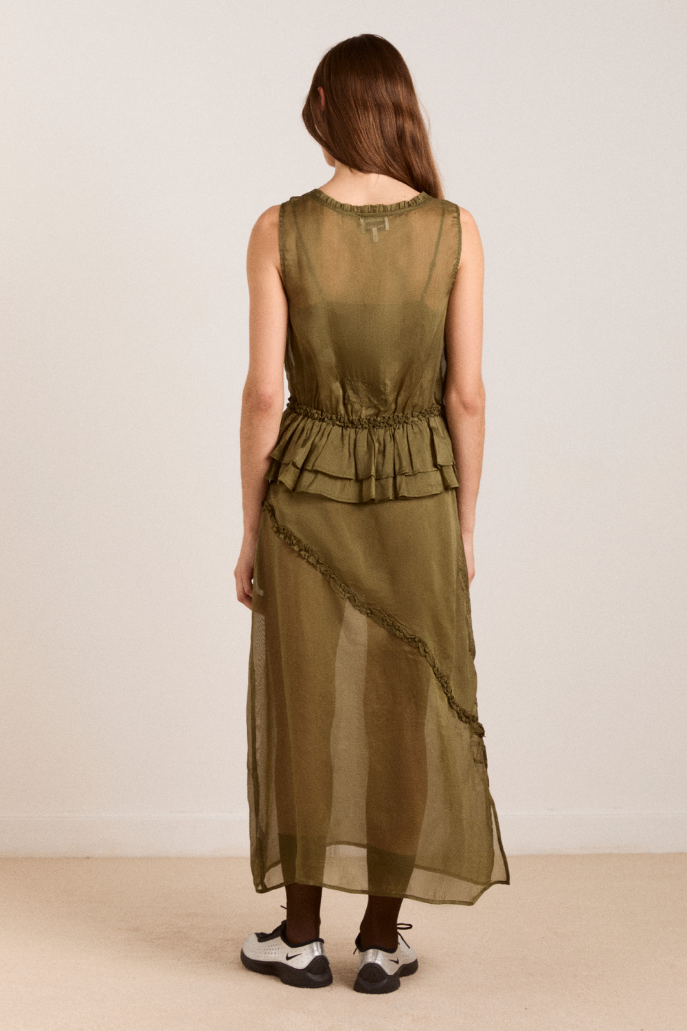 Damson Madder Sasha Ruffle Slip Dress With Cami - Sheer Olive