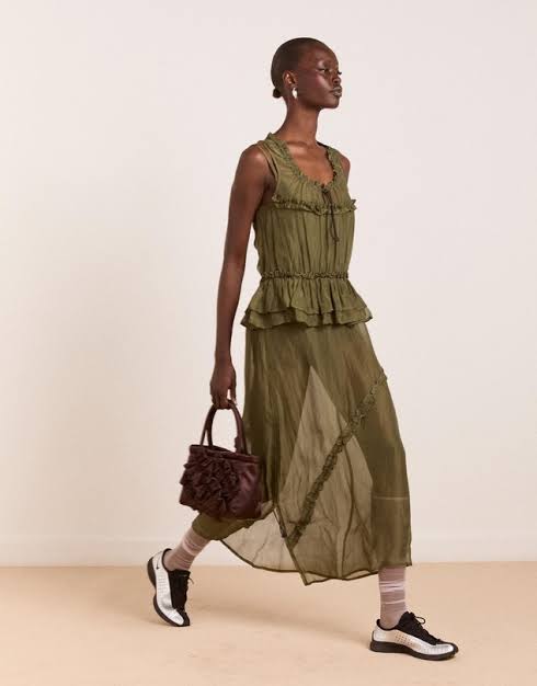 Damson Madder Sasha Ruffle Slip Dress With Cami - Sheer Olive