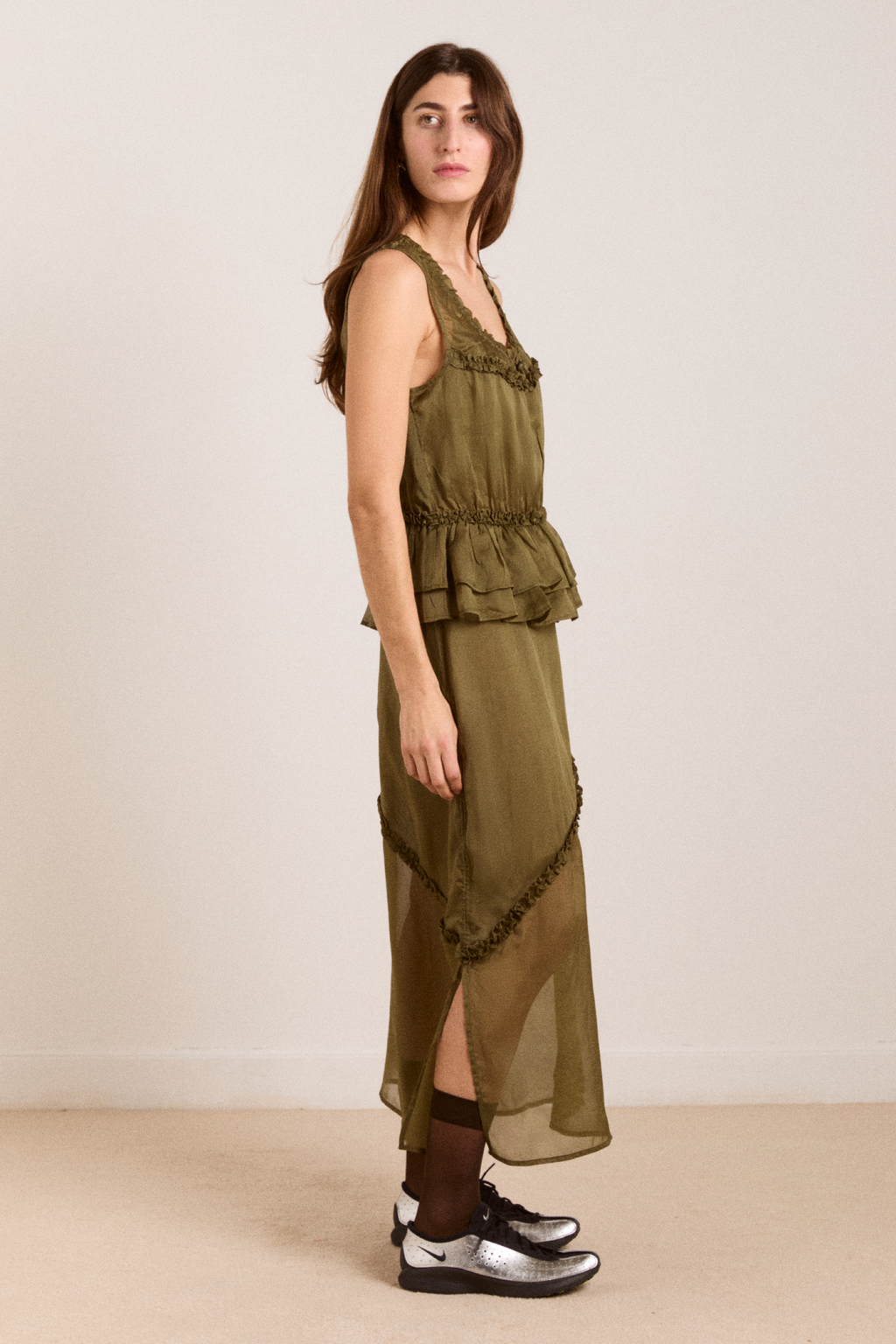 Damson Madder Sasha Ruffle Slip Dress With Cami - Sheer Olive