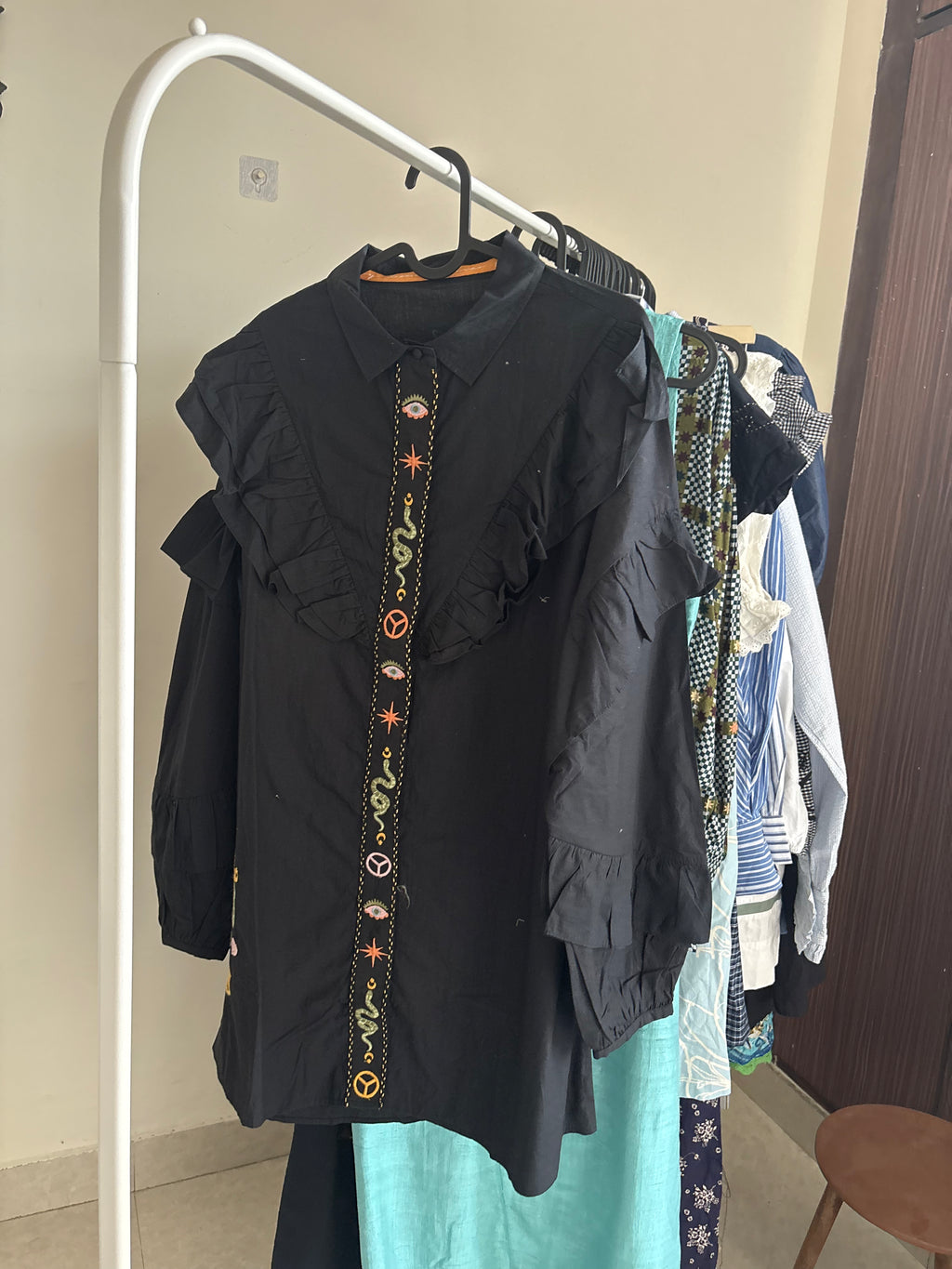 Never Fully Dressed ruffle sleeve embroidered shirt mini dress in black M