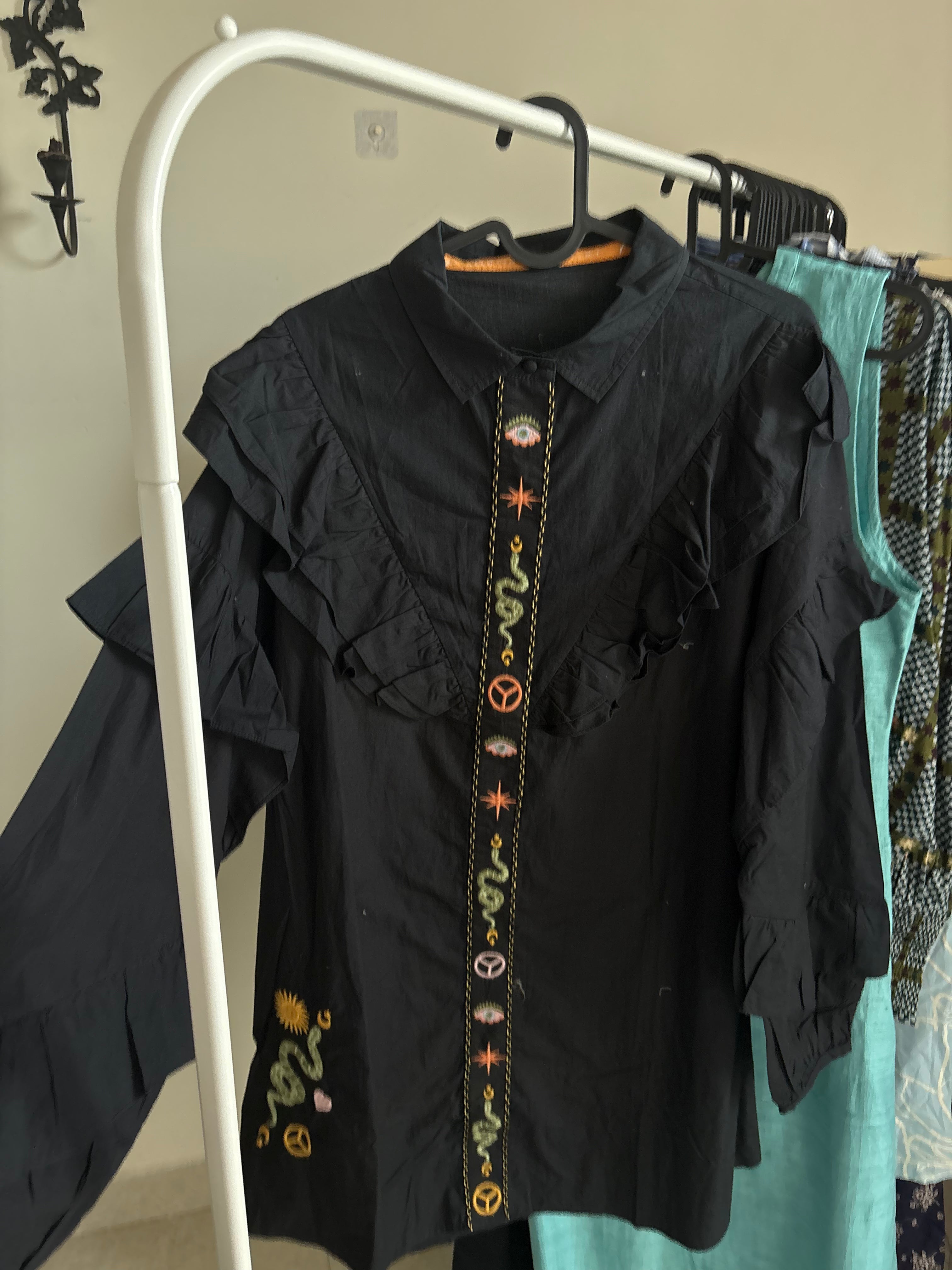 Never Fully Dressed ruffle sleeve embroidered shirt mini dress in black M