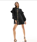 Never Fully Dressed ruffle sleeve embroidered shirt mini dress in black M