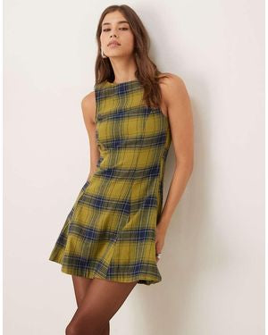 ASOS DESIGN sleeveless mini dress with box pleats in green check uk16