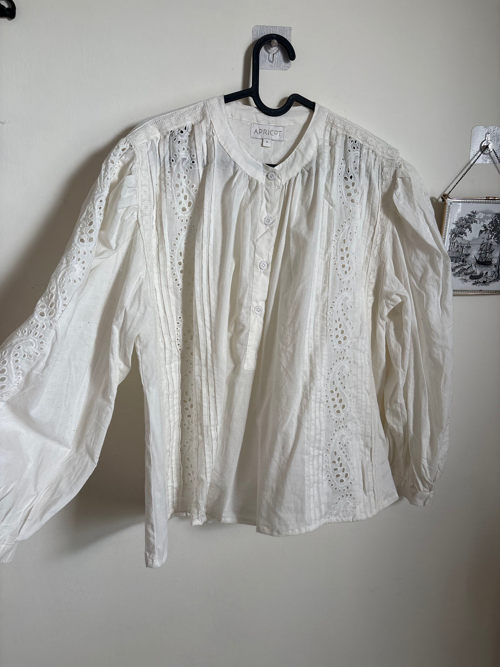 Apricot Broderie Pleat & Lace Grandad Collar Oversized Blouse- White S/M