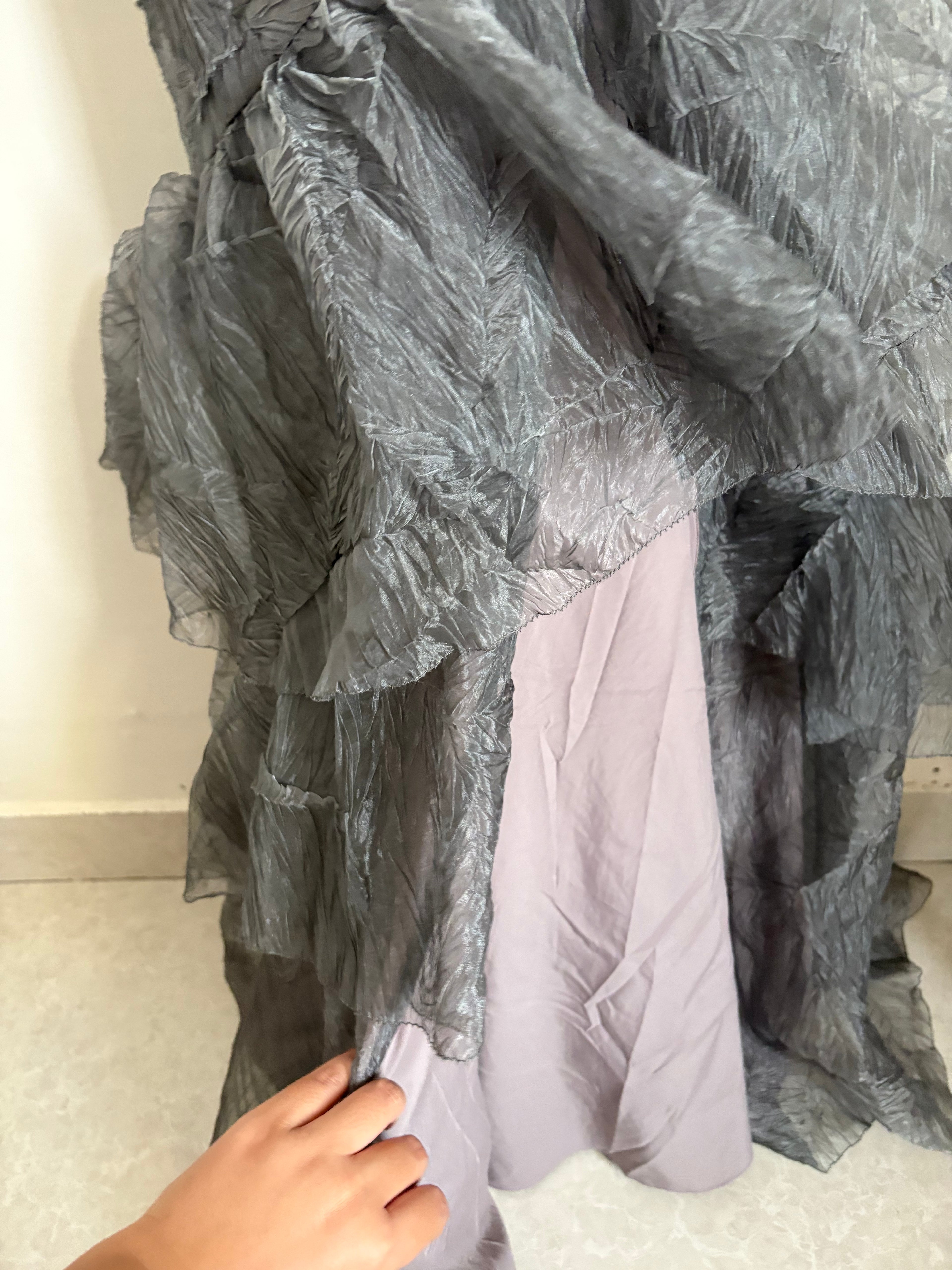 MARCHESA GOWN GREY RUFFLE WITH SLIT XS