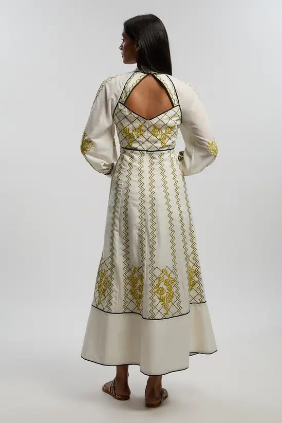 Karen Millen Voile Embroidered Cutwork Balloon Sleeve Woven Maxi Dress uk 10