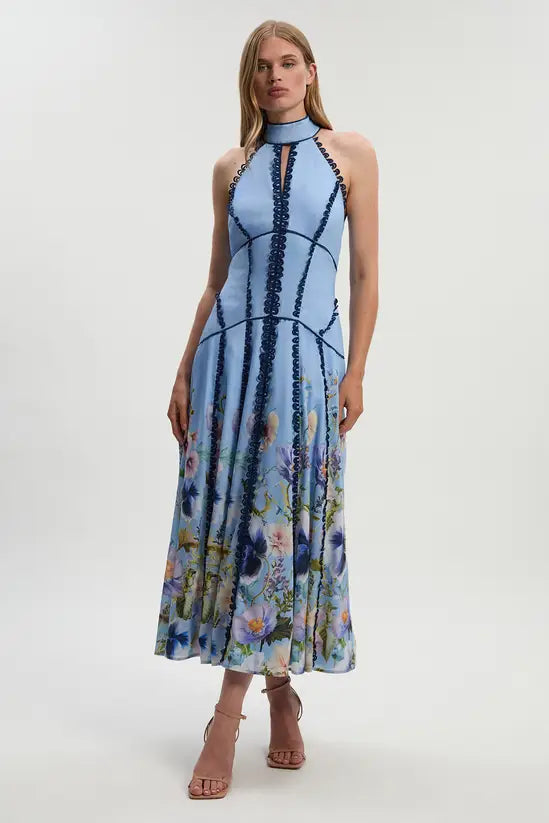 KAREN MILLEN Trailing Floral Woven Halter Neck Maxi Dress UK 10