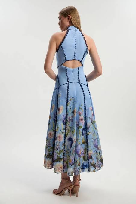 KAREN MILLEN Trailing Floral Woven Halter Neck Maxi Dress UK 10