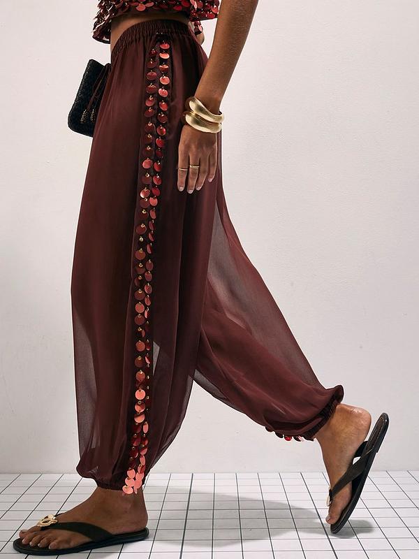 RIVER ISLAND Brown Sequin Side Panel Hareem Trousers M/L