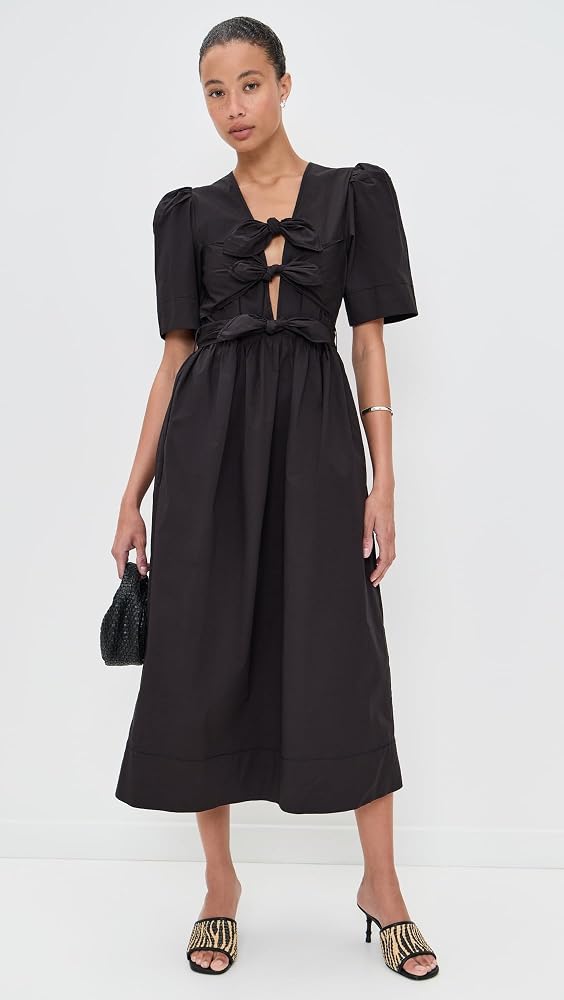GANNI Belted bow-embellished stretch-cotton poplin midi dress S