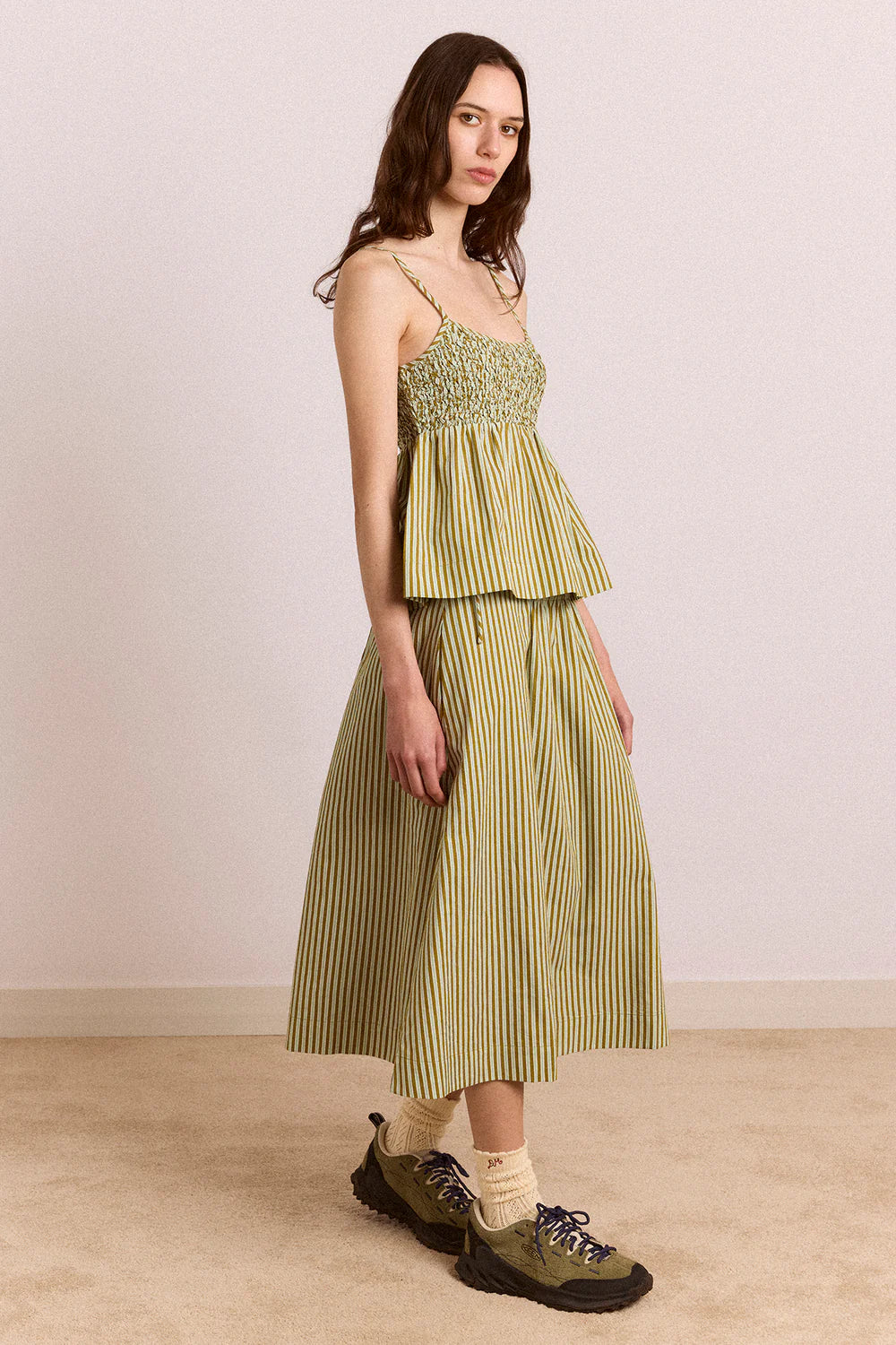 DAMSON MADDER Caspia Midi SKIRT TOP SET - Green Stripe UK 10