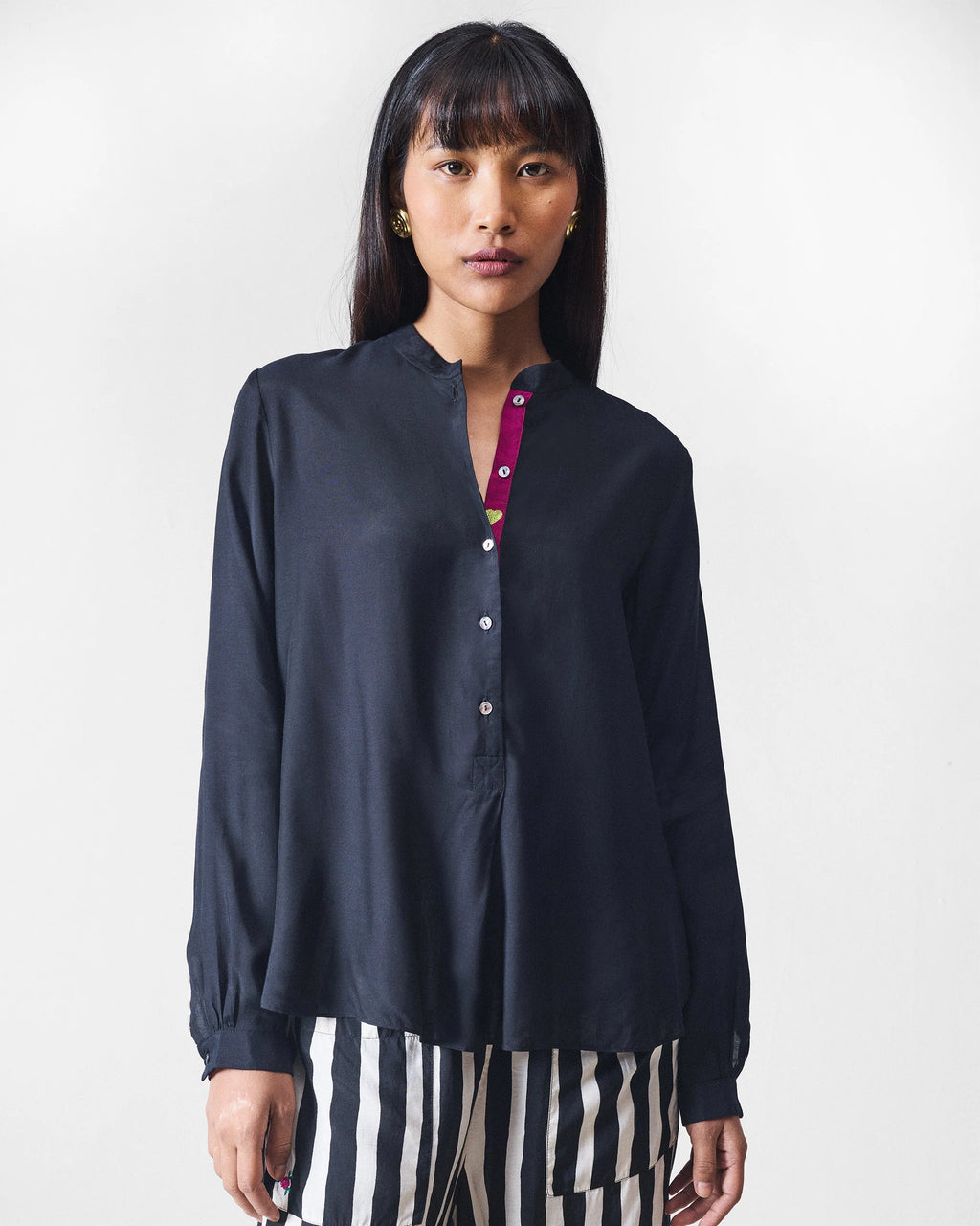 NICOBAR Mandarin Collar Top - Black SMALL