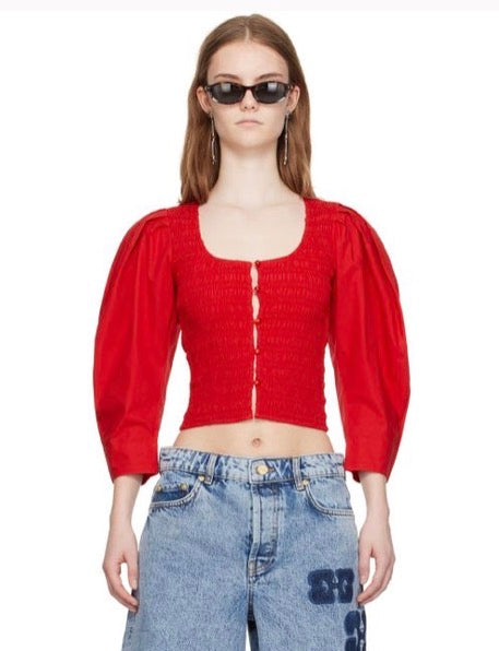 GANNI RED SMOCKED TOP