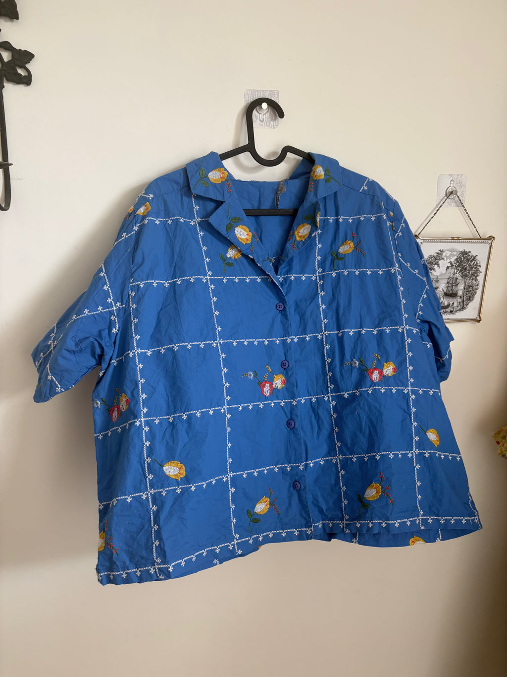 Oliver Bonas Blue Embroidered Short Sleeve Shirt UK 14