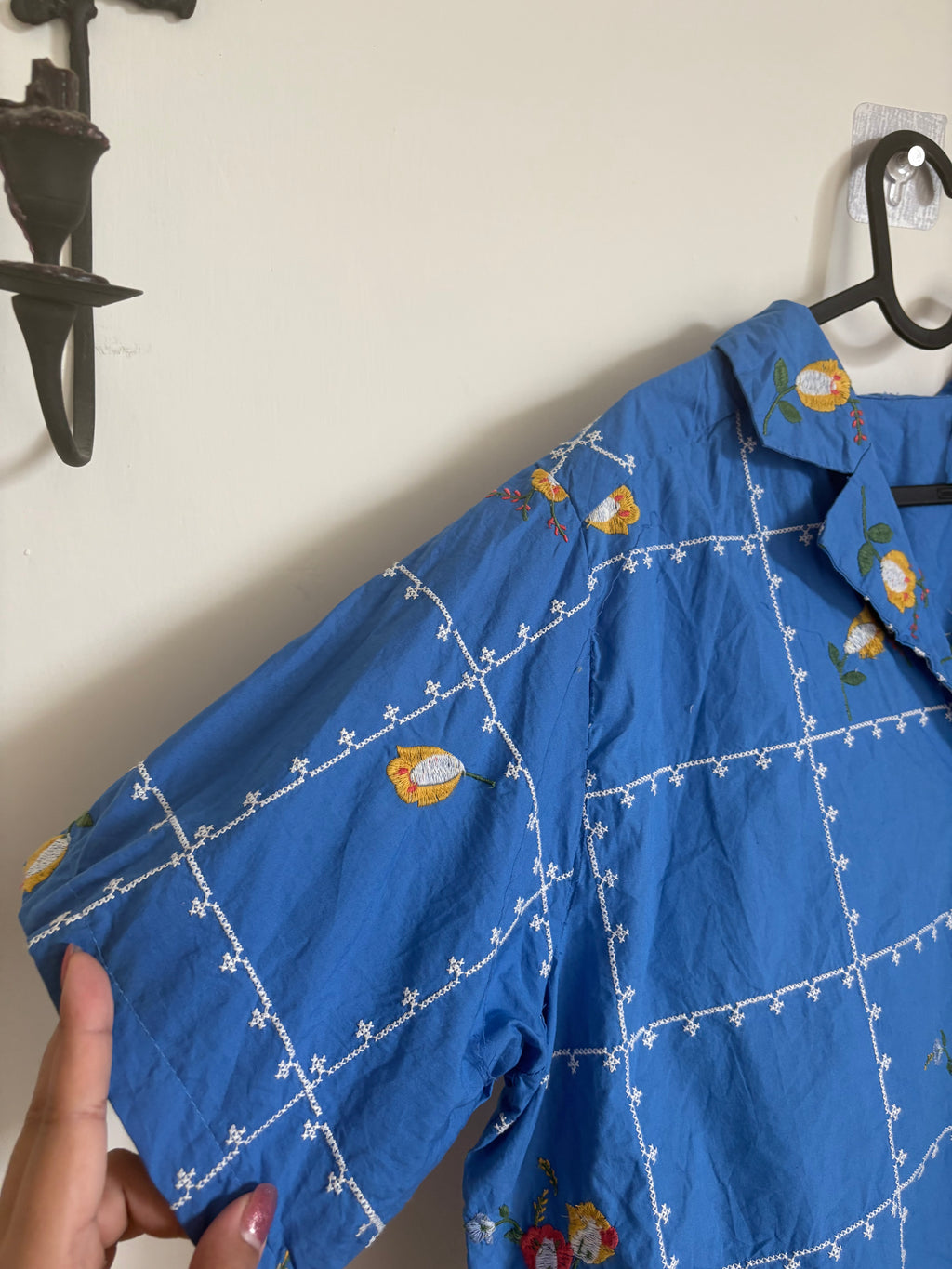 Oliver Bonas Blue Embroidered Short Sleeve Shirt UK 14