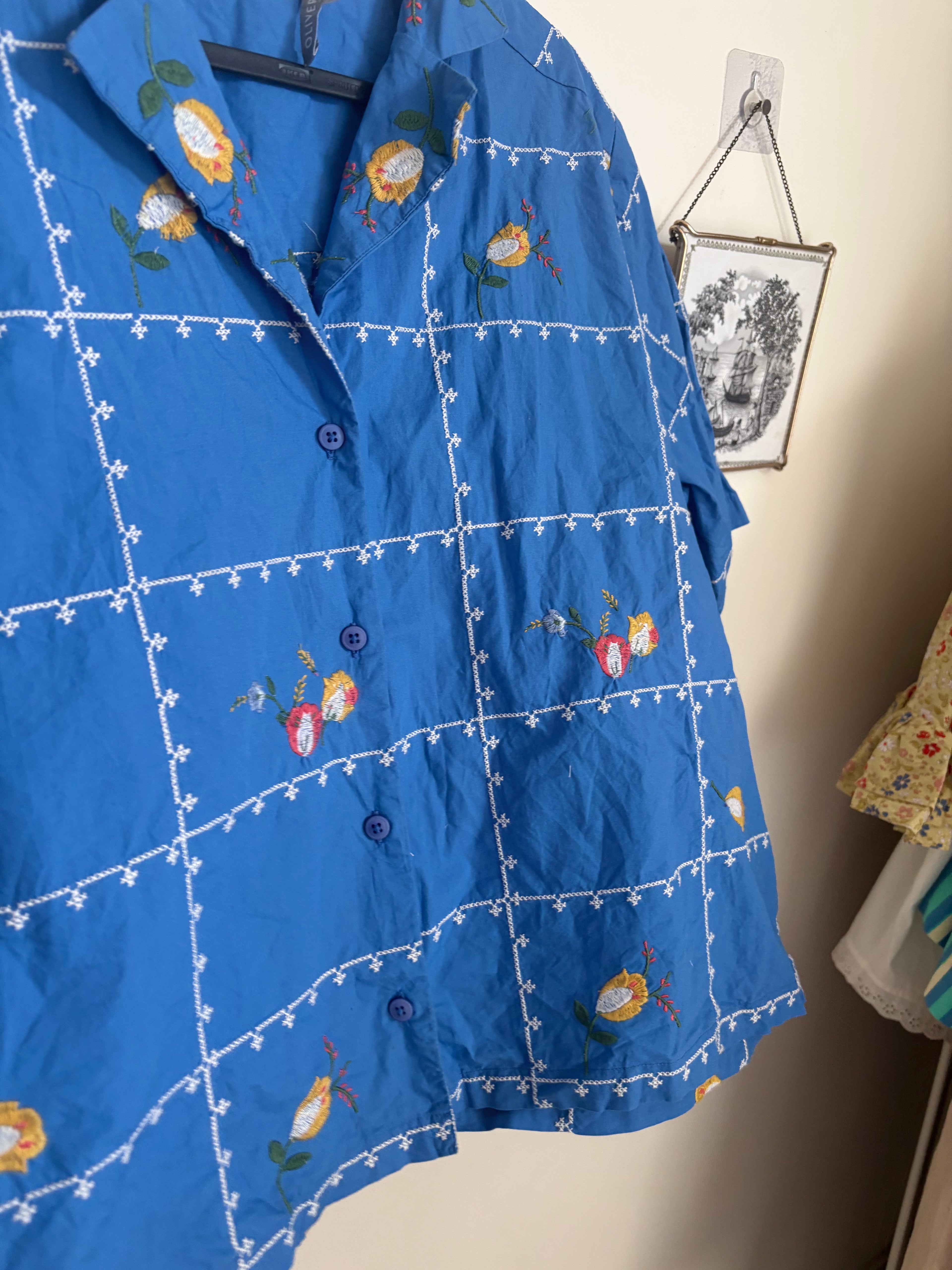 Oliver Bonas Blue Embroidered Short Sleeve Shirt UK 14