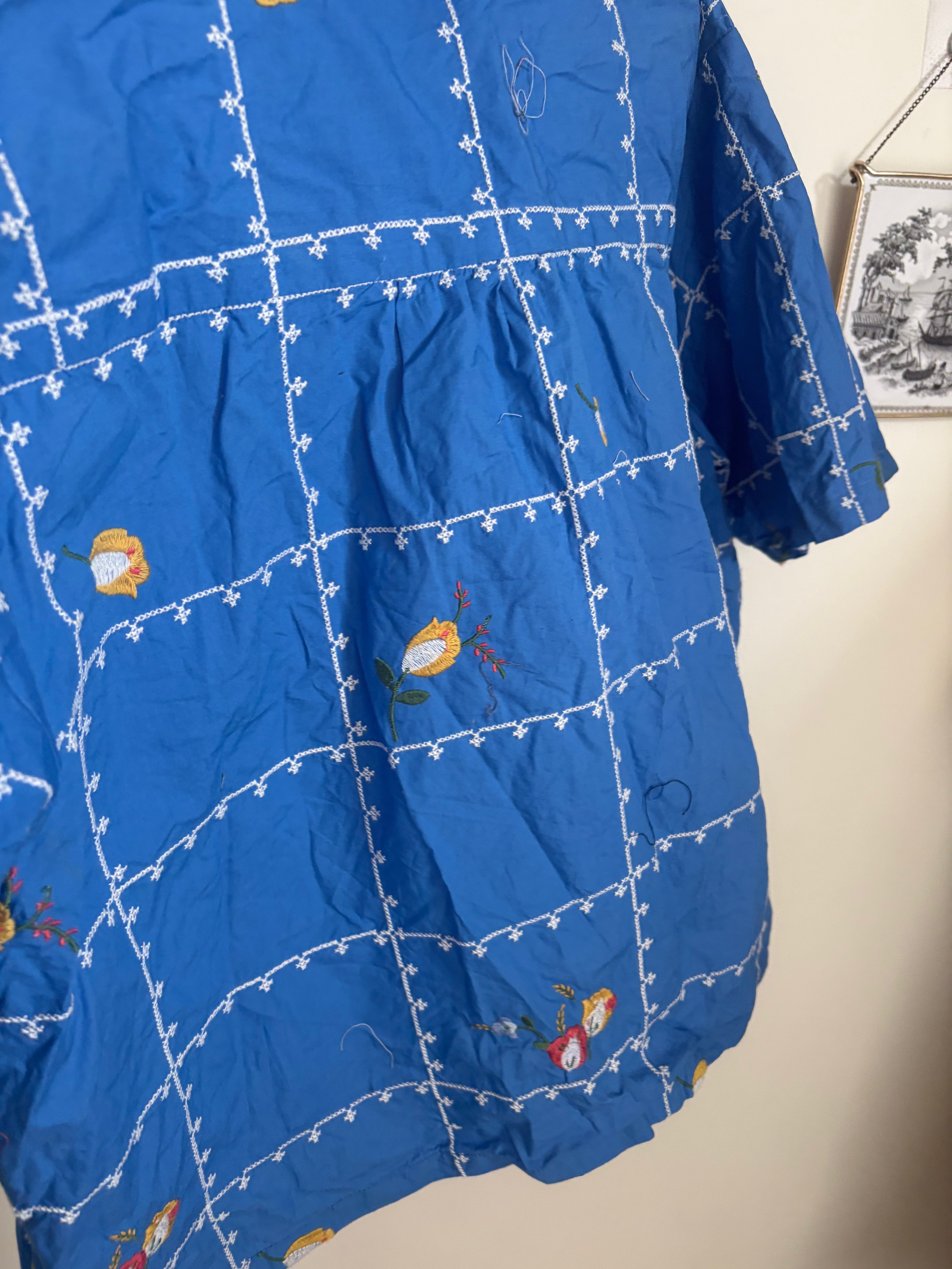Oliver Bonas Blue Embroidered Short Sleeve Shirt UK 14