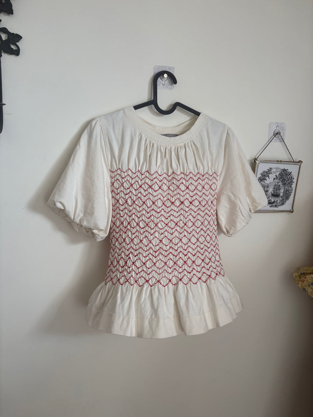 Oliver Bonas Cream Shirred Bodice Puff Sleeve Top UK 10