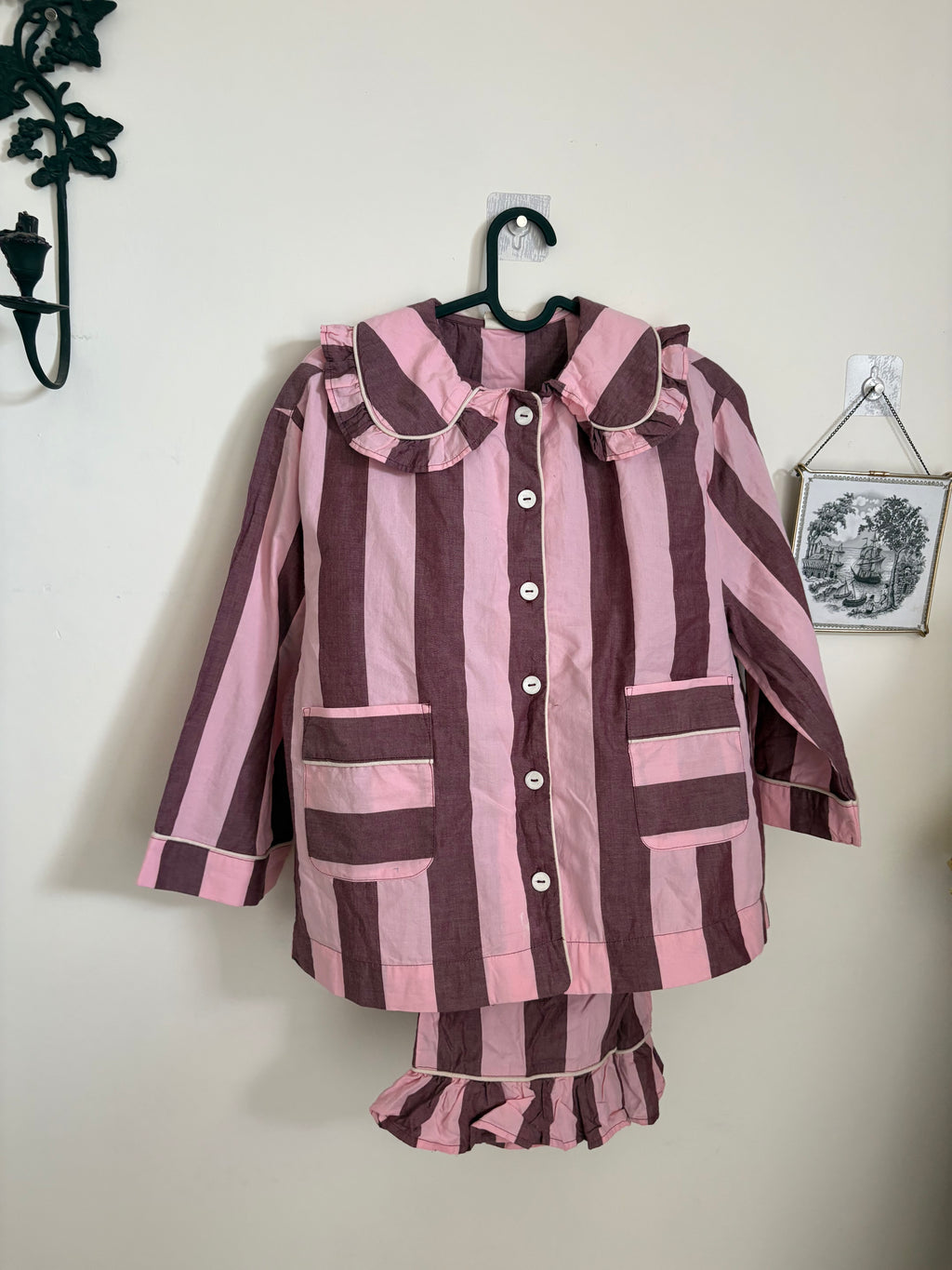 Cropped Cotton Pyjama Set  Pink & Burgundy Stripe S