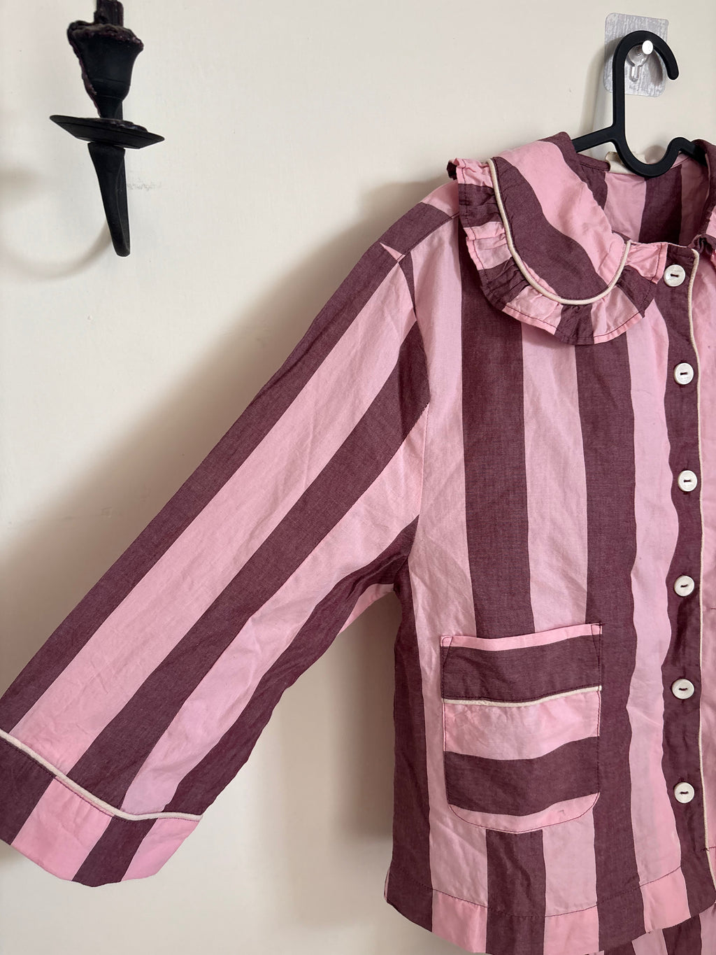 Cropped Cotton Pyjama Set  Pink & Burgundy Stripe S