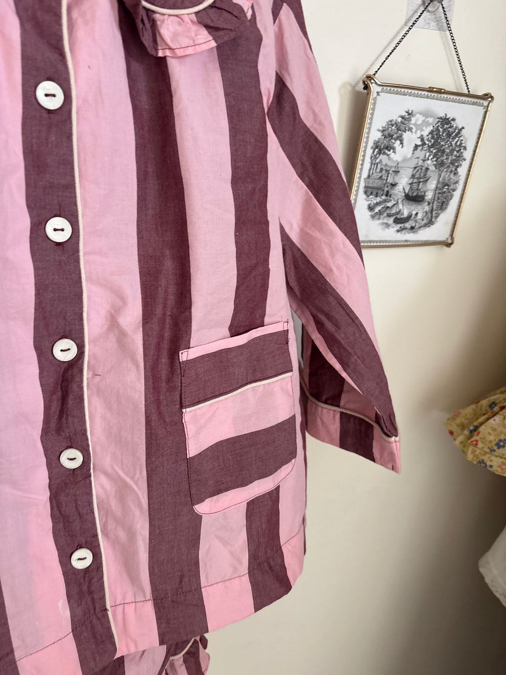 Cropped Cotton Pyjama Set  Pink & Burgundy Stripe S