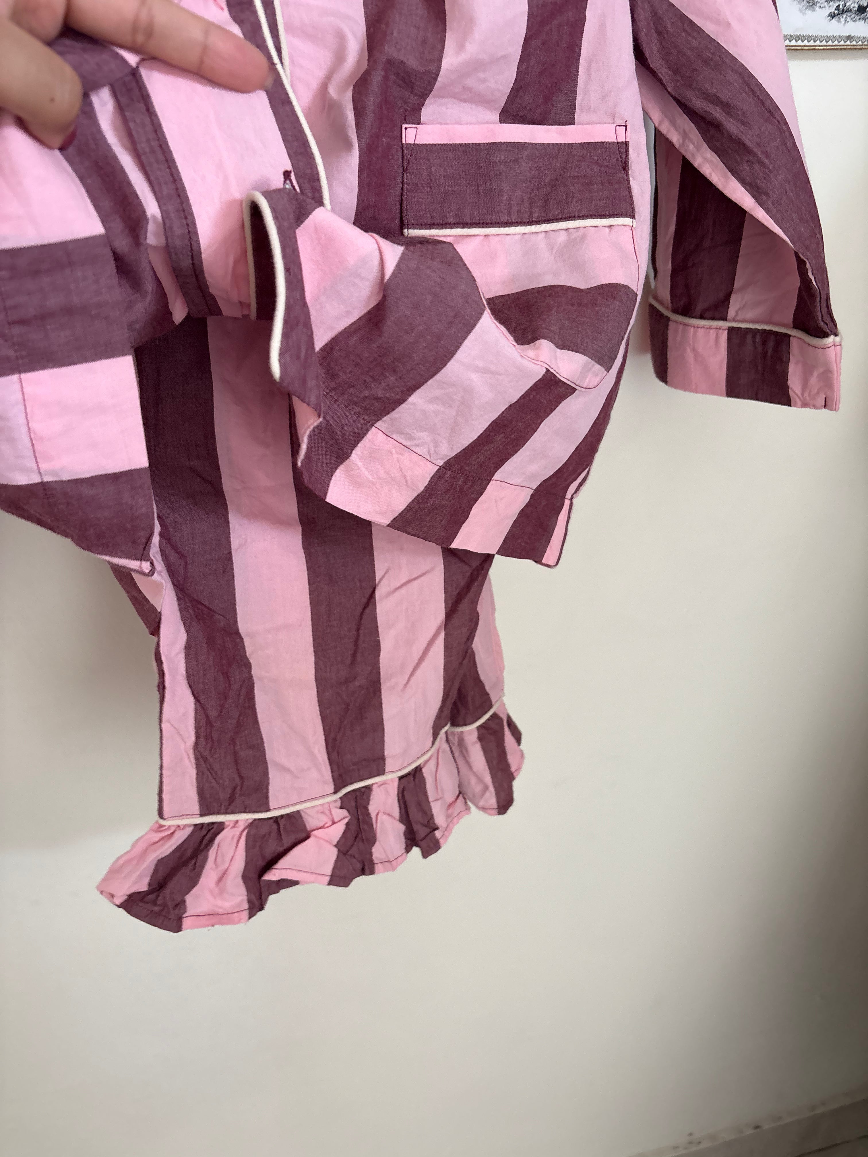 Cropped Cotton Pyjama Set  Pink & Burgundy Stripe S