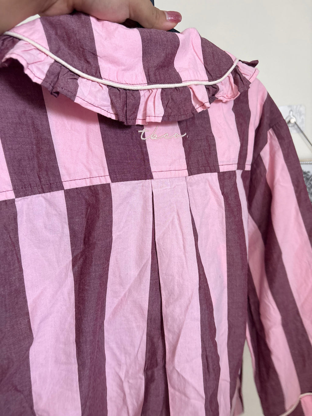 Cropped Cotton Pyjama Set  Pink & Burgundy Stripe S