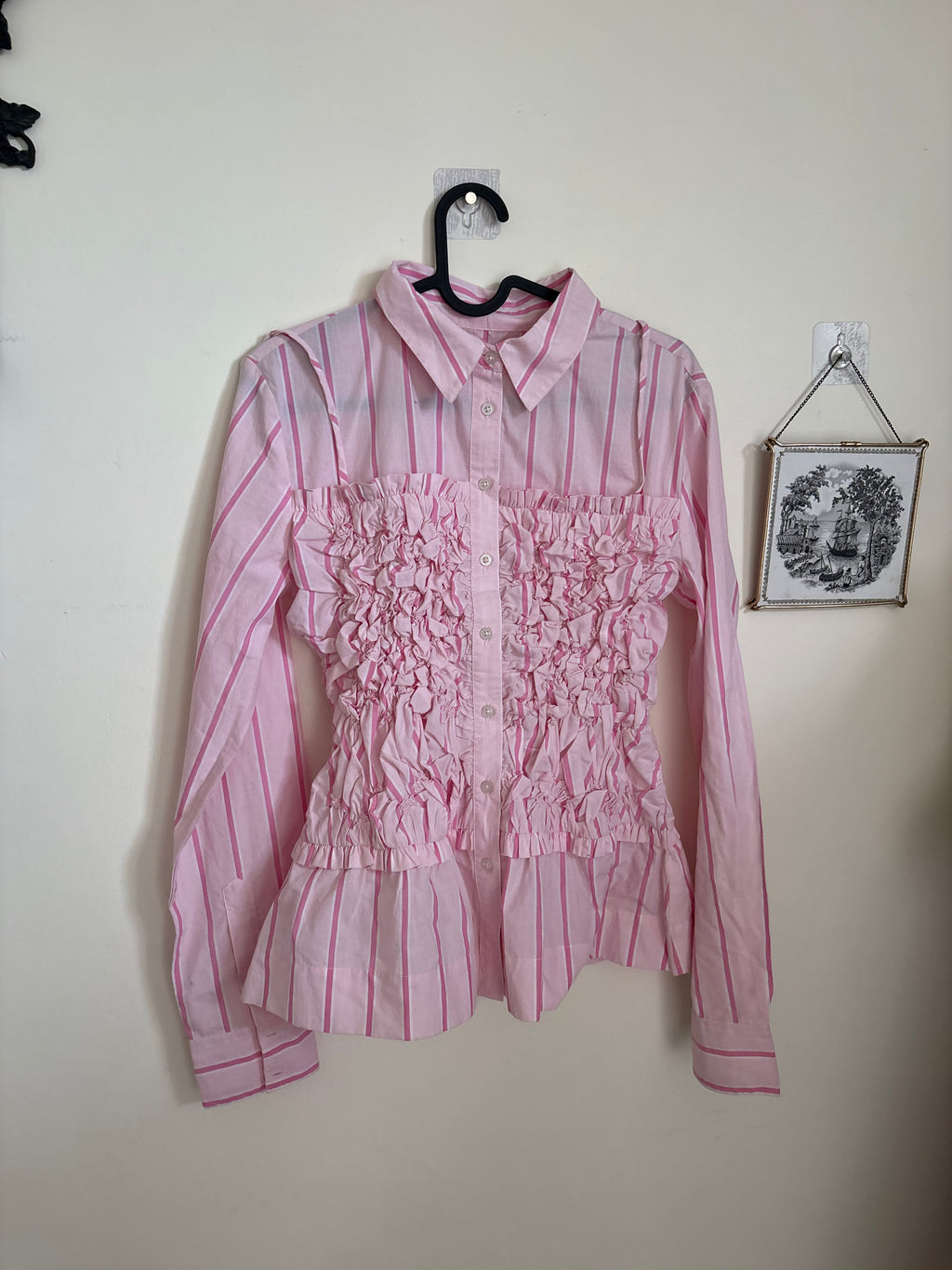 PINK STRIPED RUCHED SHIRT UK 10