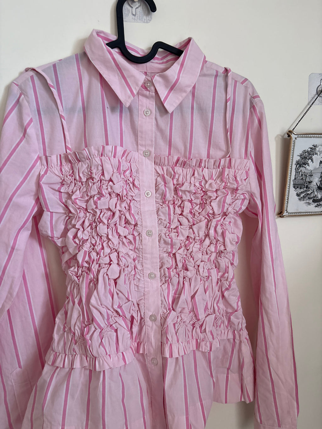 PINK STRIPED RUCHED SHIRT UK 10