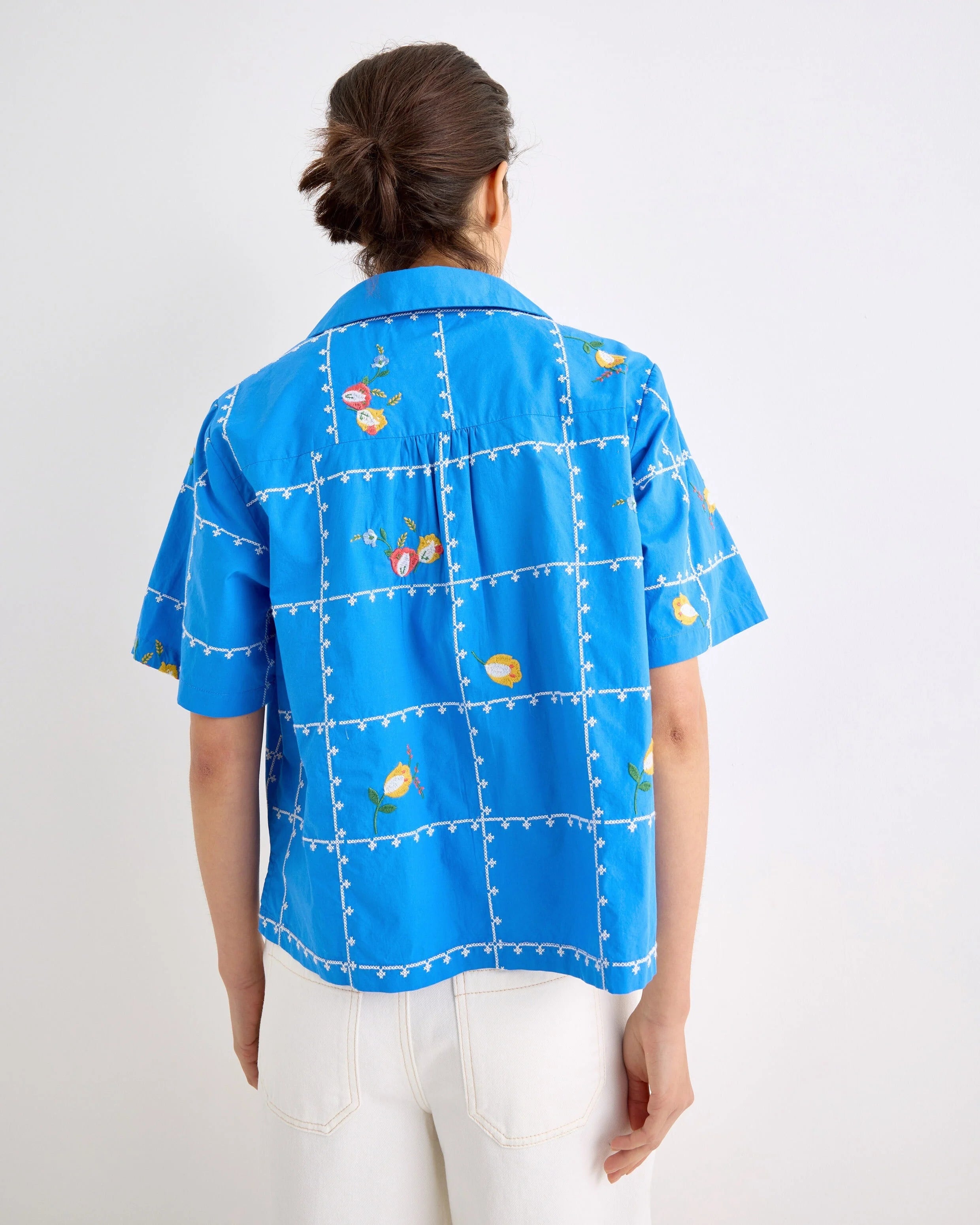Oliver Bonas Blue Embroidered Short Sleeve Shirt UK 14