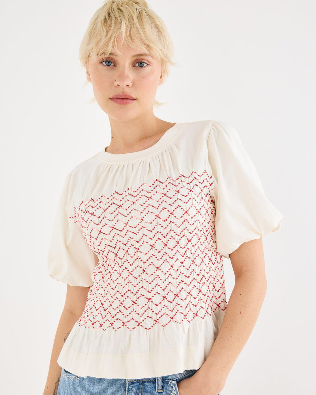 Oliver Bonas Cream Shirred Bodice Puff Sleeve Top UK 10